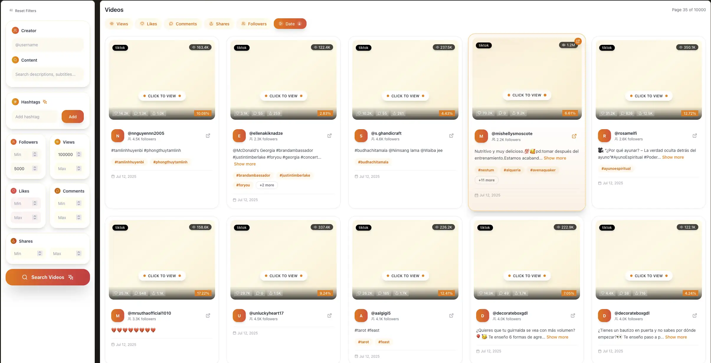 Viral Videos database preview